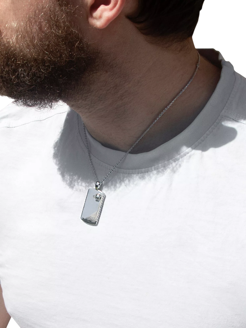 Hoxton London rhodium plated dog tag necklace in silver, imported from the UK