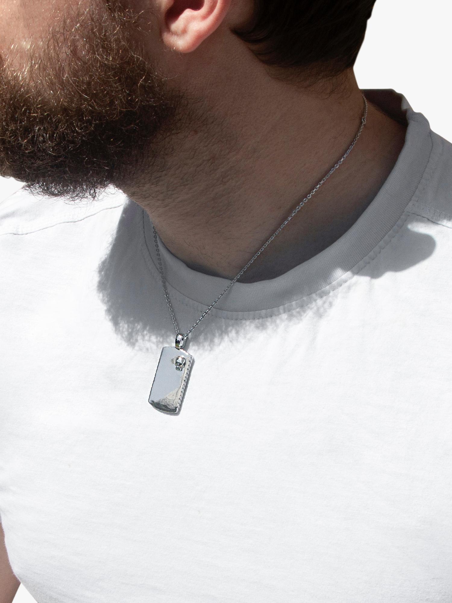 Hoxton London rhodium plated dog tag necklace in silver, imported from the UK