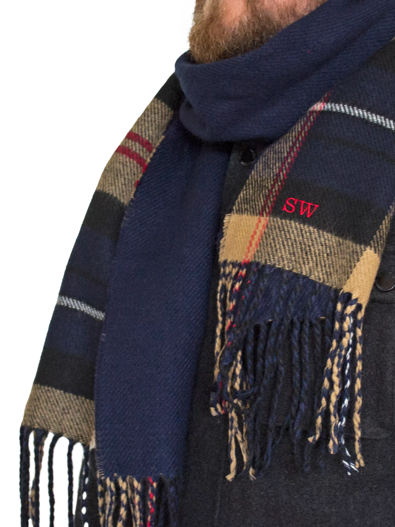 Solesmith personalised lambswool tartan scarf in navy (British brand)