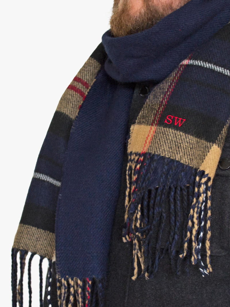 Solesmith personalised lambswool tartan scarf in navy (British brand)