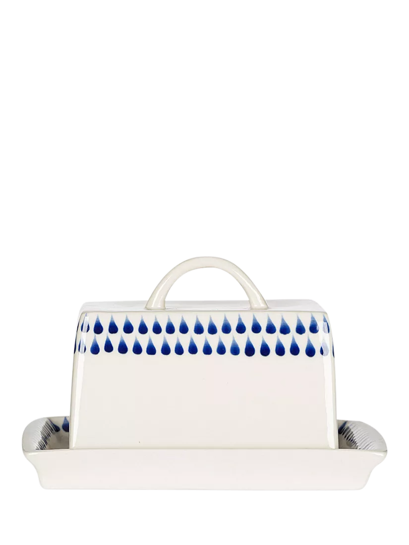 Nkuku Indigo Drop cream blue butter dish, imported from the UK
