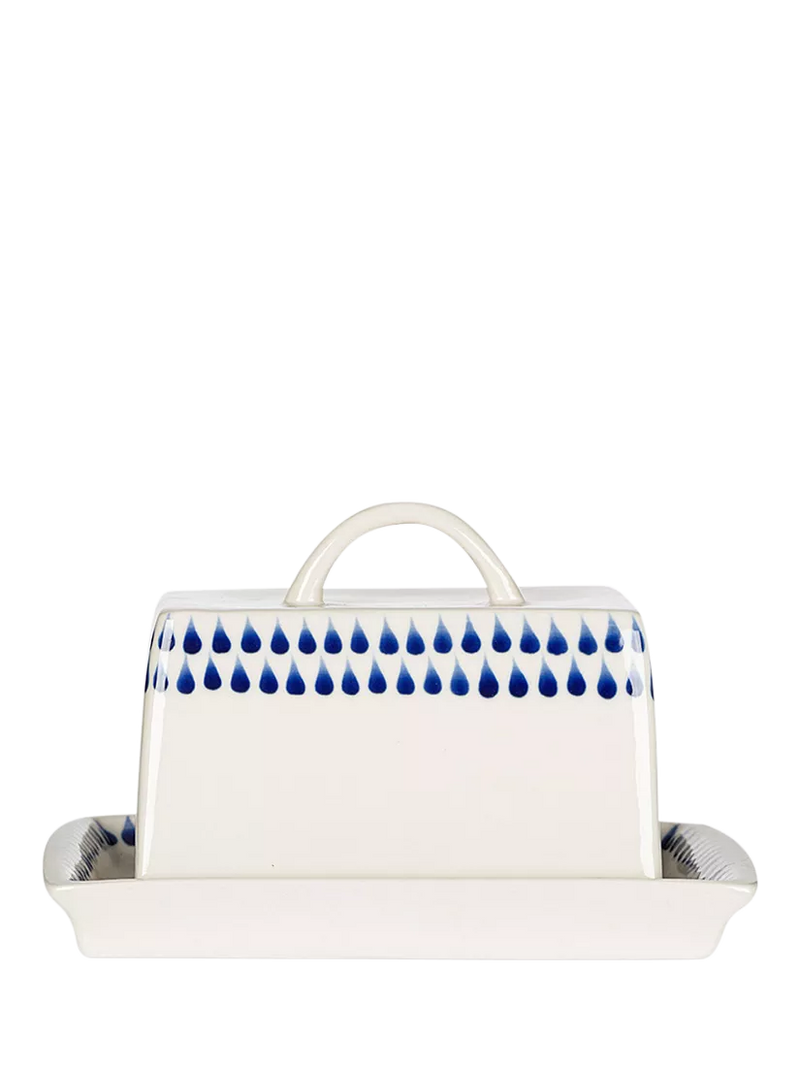 Nkuku Indigo Drop cream blue butter dish, imported from the UK