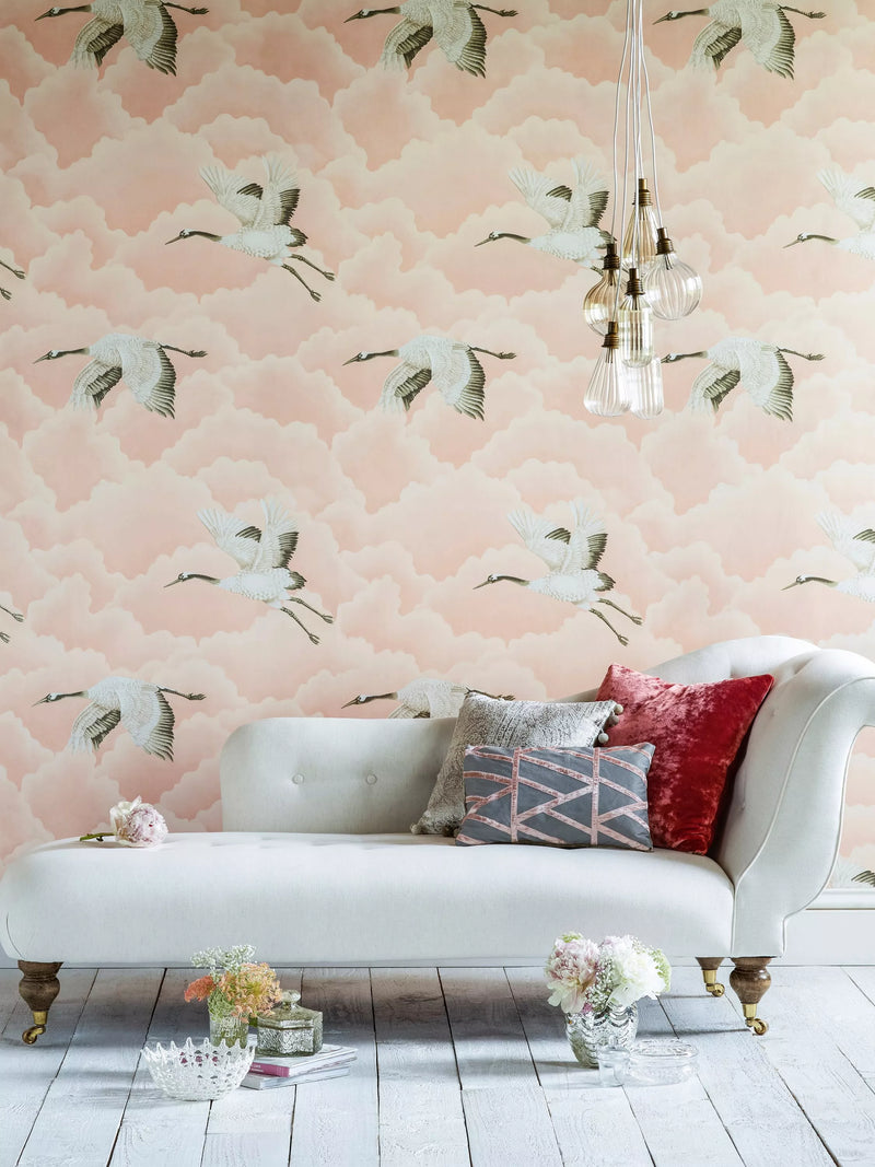Harlequin cranes and clouds wallpaper in airy colourways, UK version