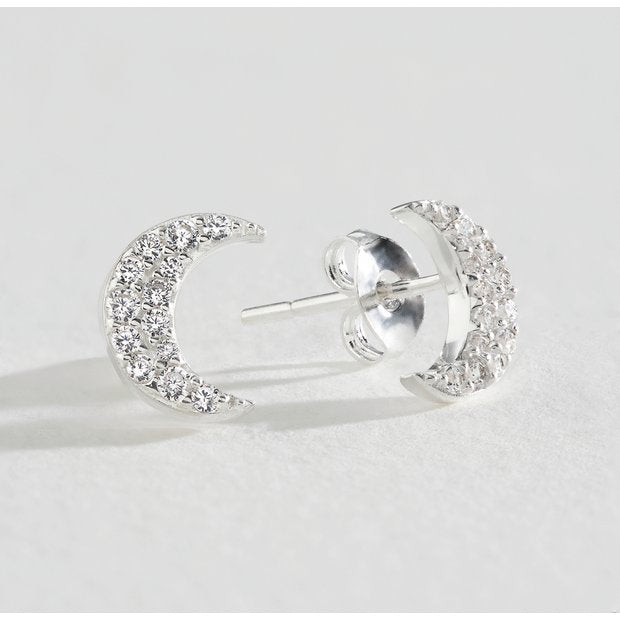 Revere sterling silver cubic zirconia moon stud earrings 10mm, imported from the UK