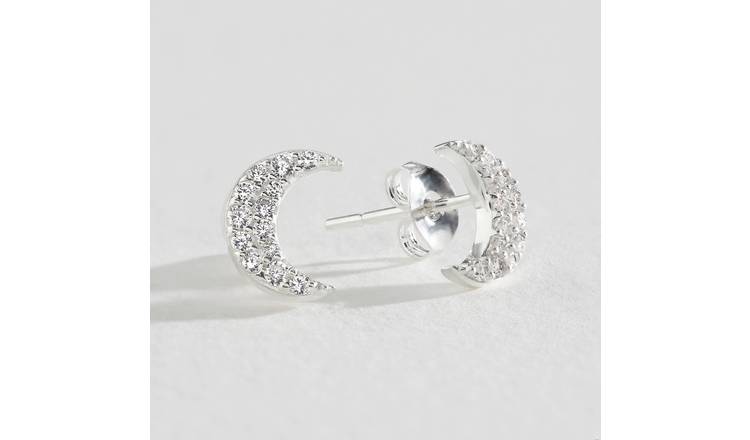 Revere sterling silver cubic zirconia moon stud earrings 10mm, imported from the UK