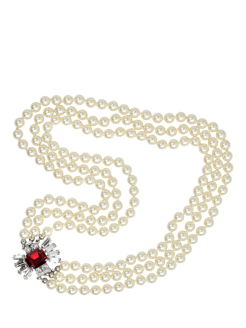 Eclectica faux pearl crystal collar necklace, silver/red (British brand)