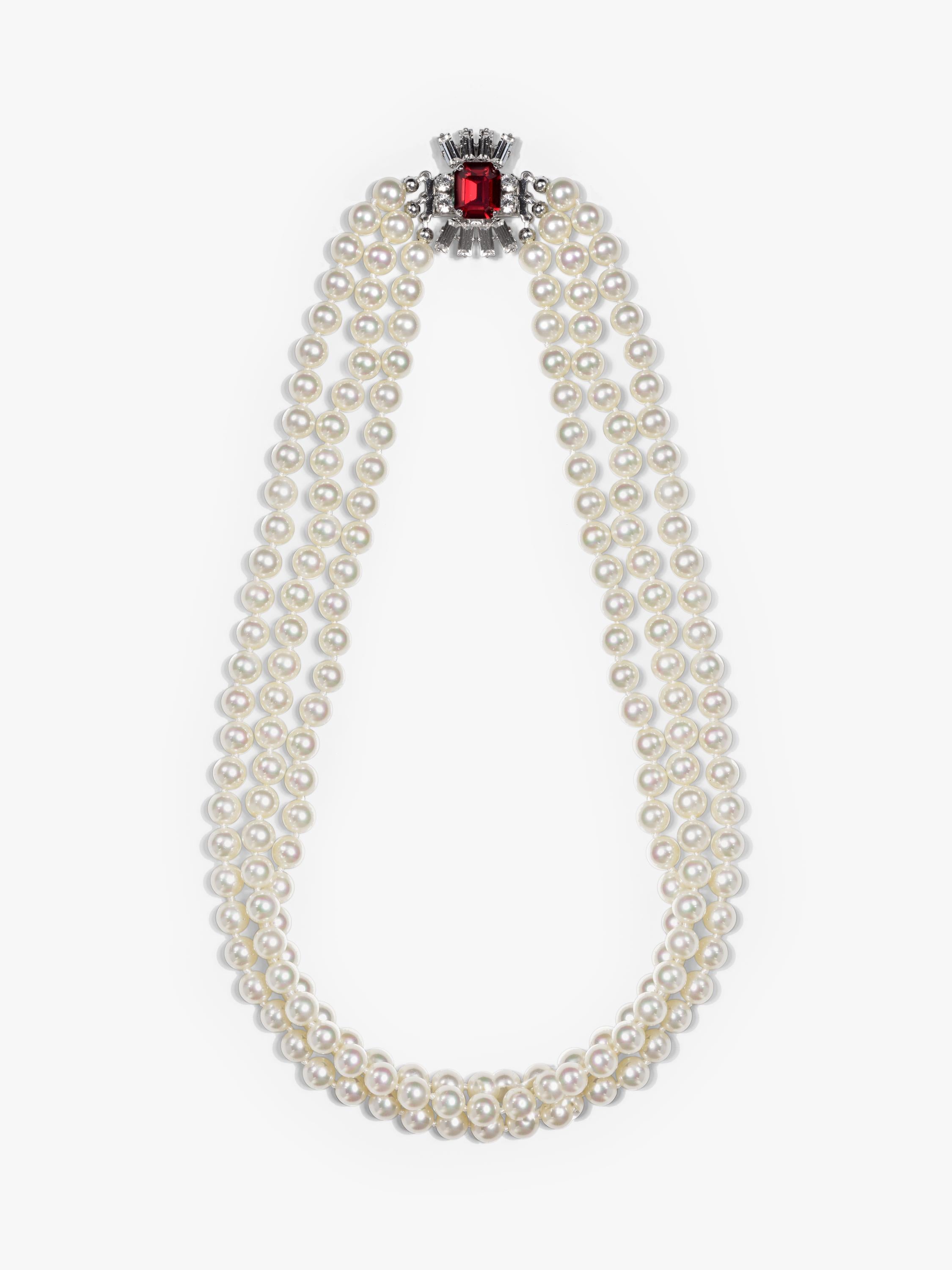 Eclectica faux pearl crystal collar necklace, silver/red (British brand)