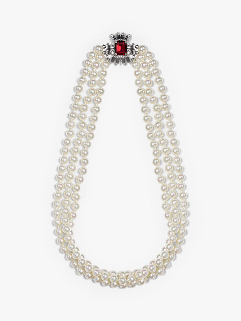 Eclectica faux pearl crystal collar necklace, silver/red (British brand)