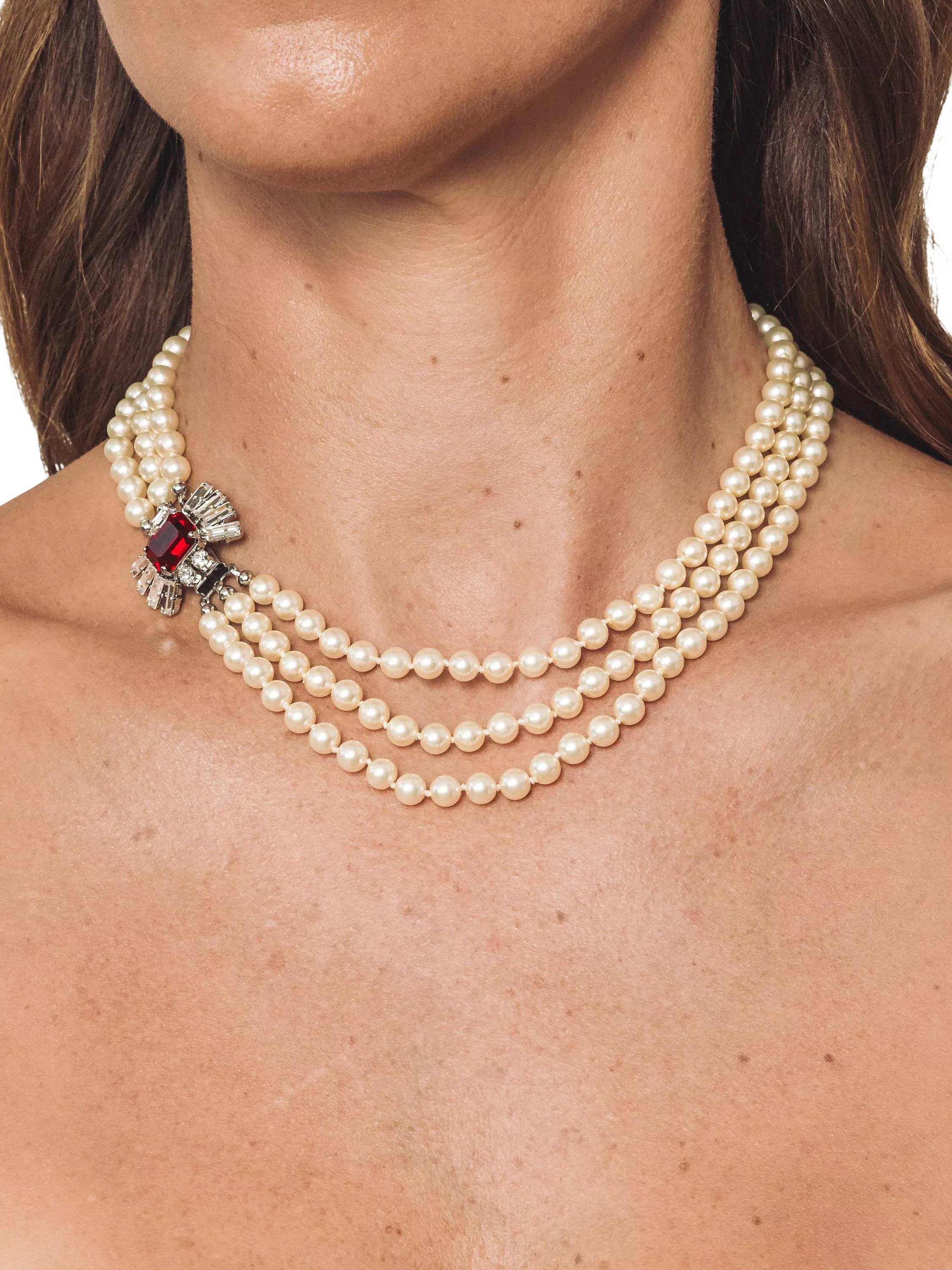 Eclectica faux pearl crystal collar necklace, silver/red (British brand)