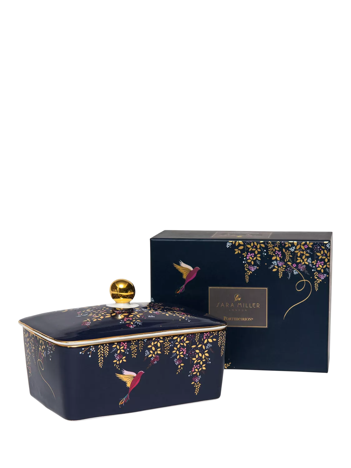 Sara Miller fine china butter dish navy with gold (British brand)