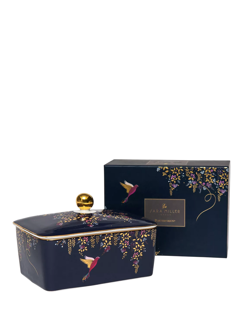 Sara Miller fine china butter dish navy with gold (British brand)