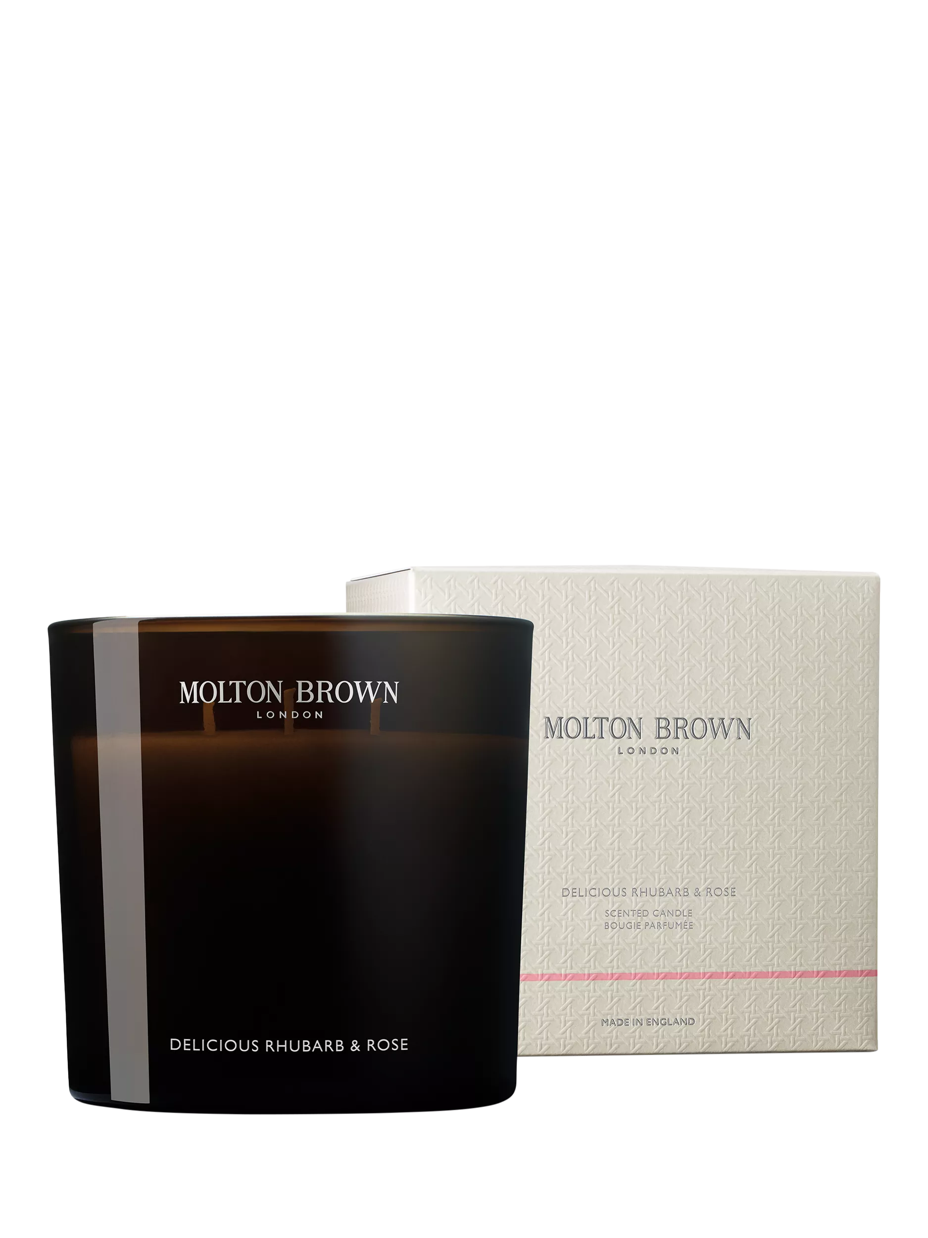 Molton Brown Delicious Rhubarb and Rose luxury candle, imported from the UK