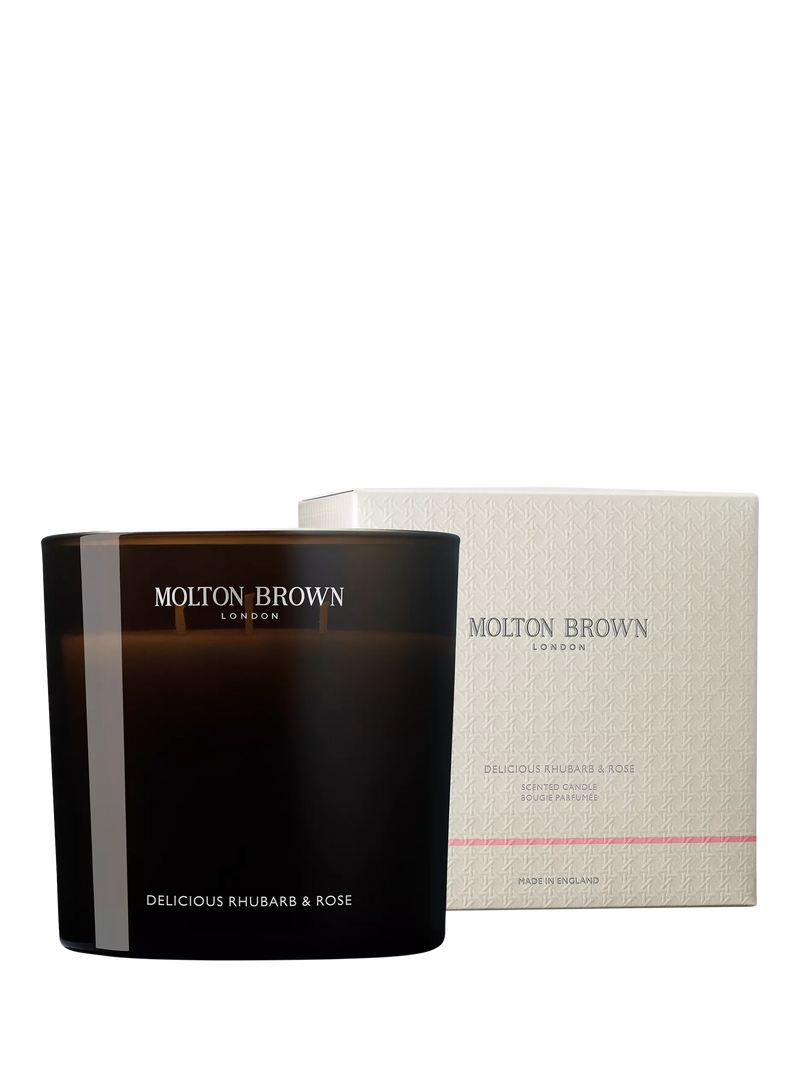 Molton Brown Delicious Rhubarb and Rose luxury candle, imported from the UK