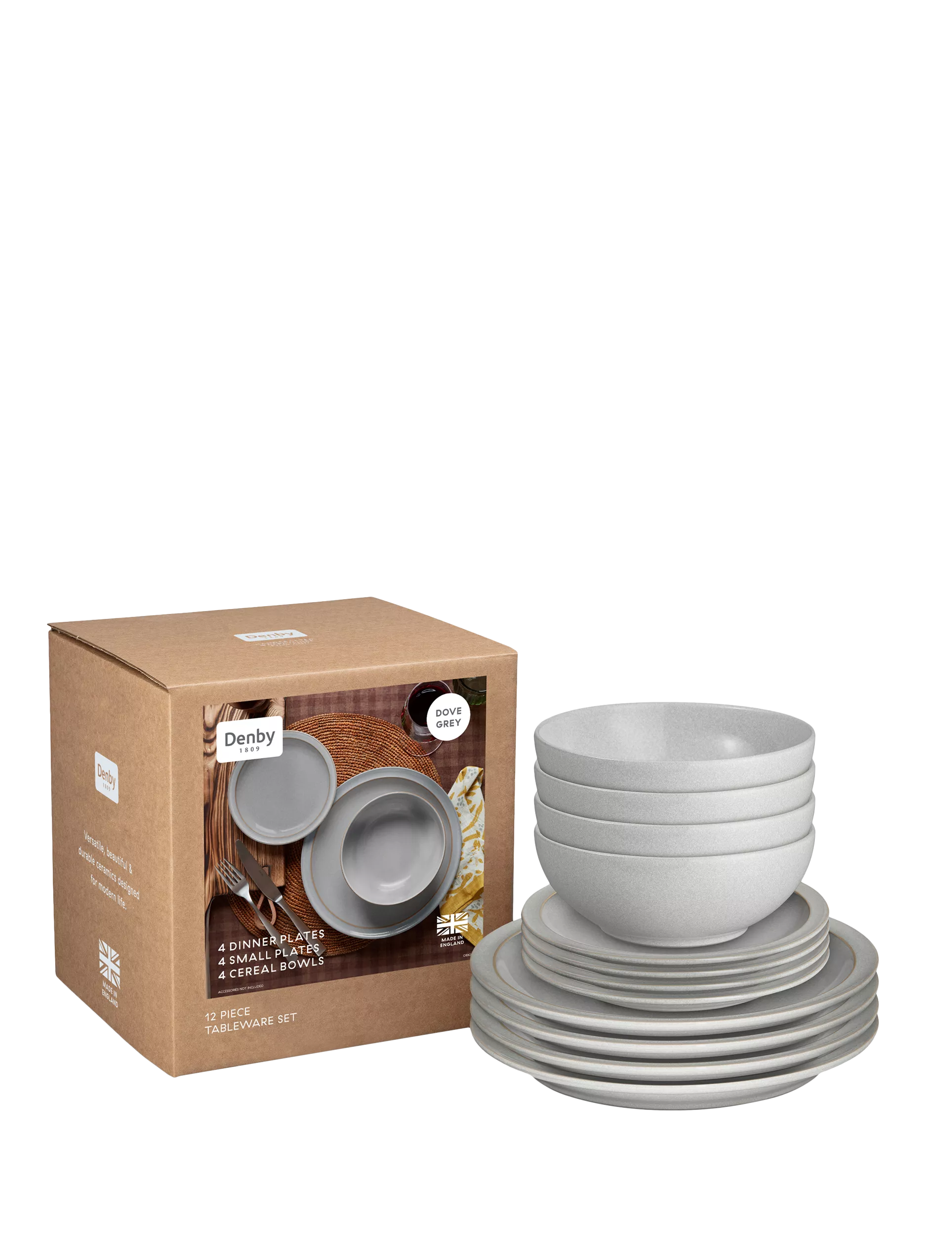 Denby Dove Grey stoneware dinnerware set 12 piece, UK version