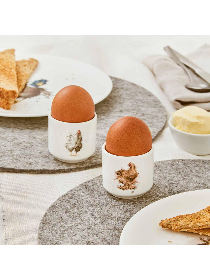 Wrendale Designs fine bone china egg cups set of 2 white multi feathery chicken designs (British brand)