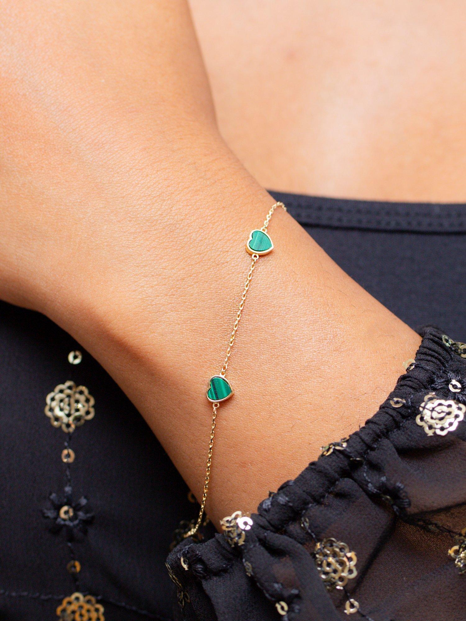 IBB 9ct gold malachite heart petal chain bracelet (British brand)