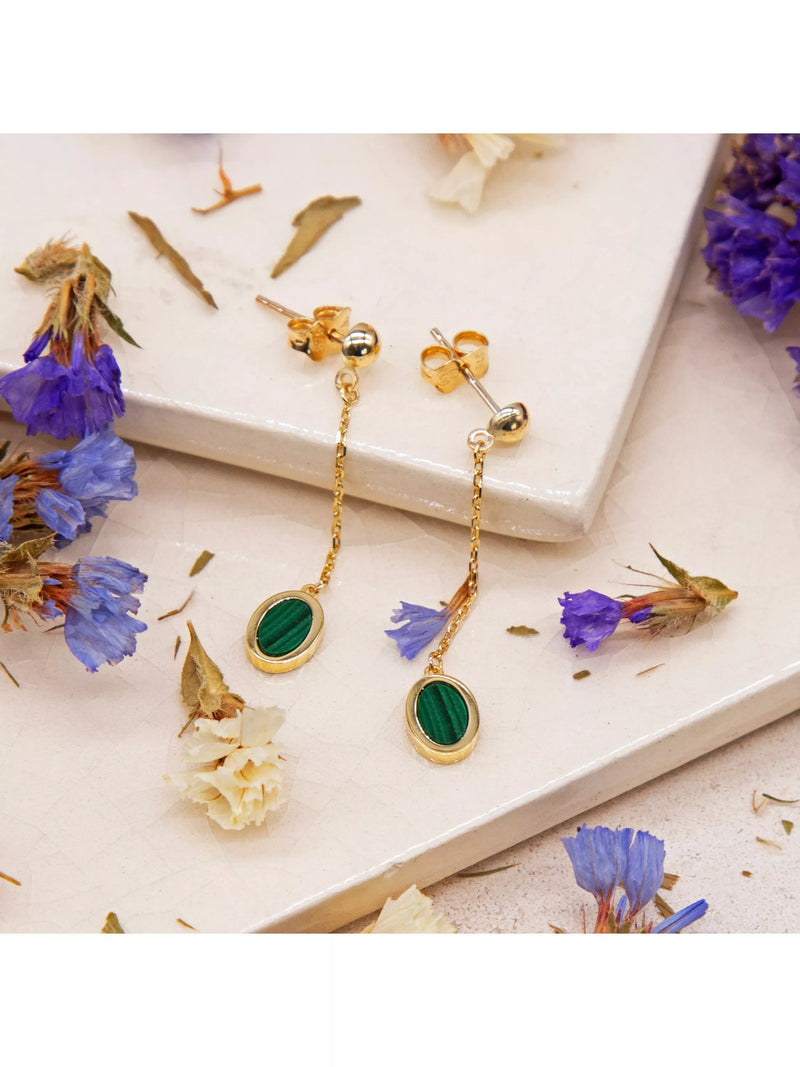 IBB 9ct gold oval malachite drop stud earrings - British product
