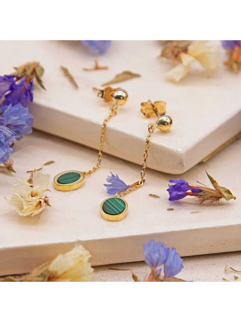 IBB 9ct gold oval malachite drop stud earrings - British product