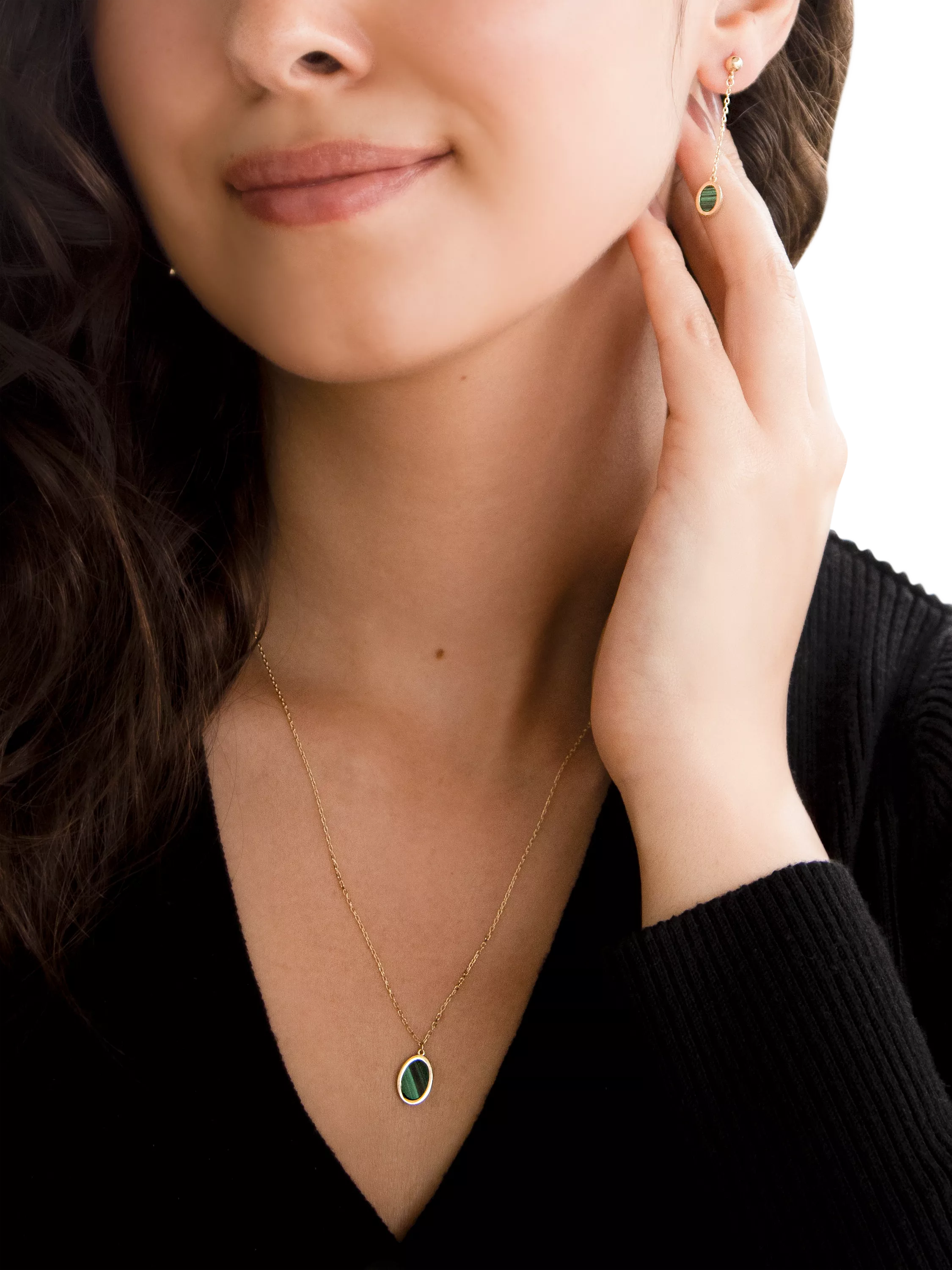 IBB 9ct gold oval malachite drop stud earrings - British product