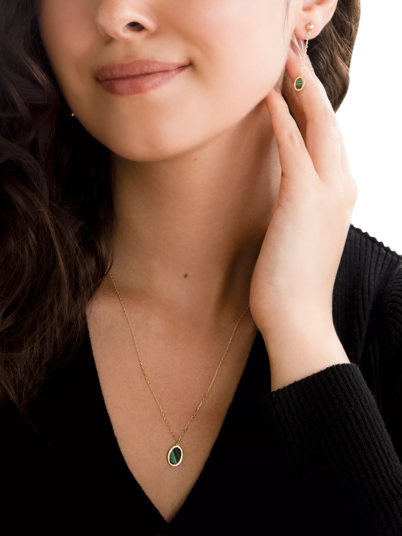 IBB 9ct gold oval malachite drop stud earrings - British product
