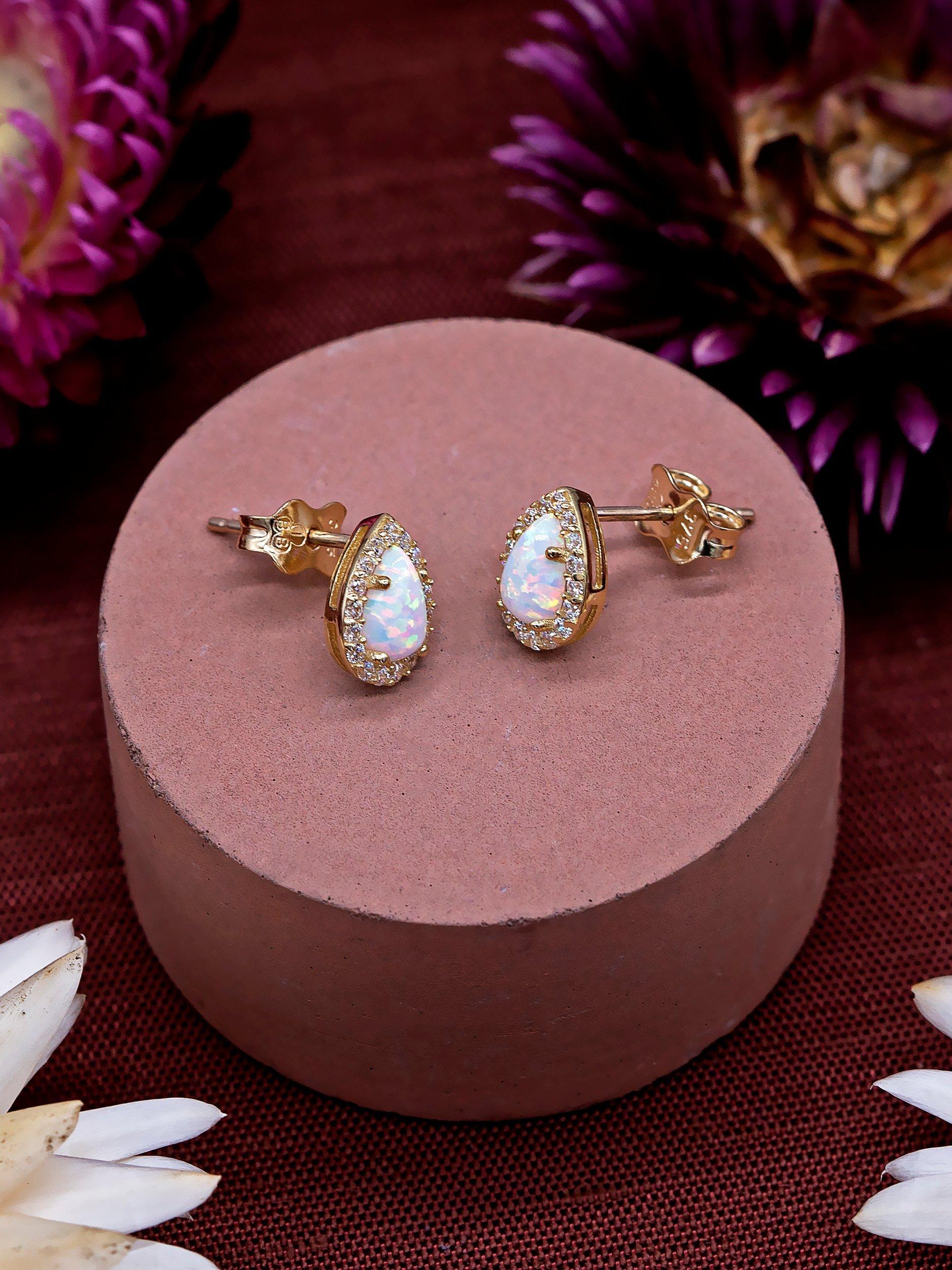 IBB gold opal cubic zirconia stud earrings 8.8x6.7mm, imported from the UK