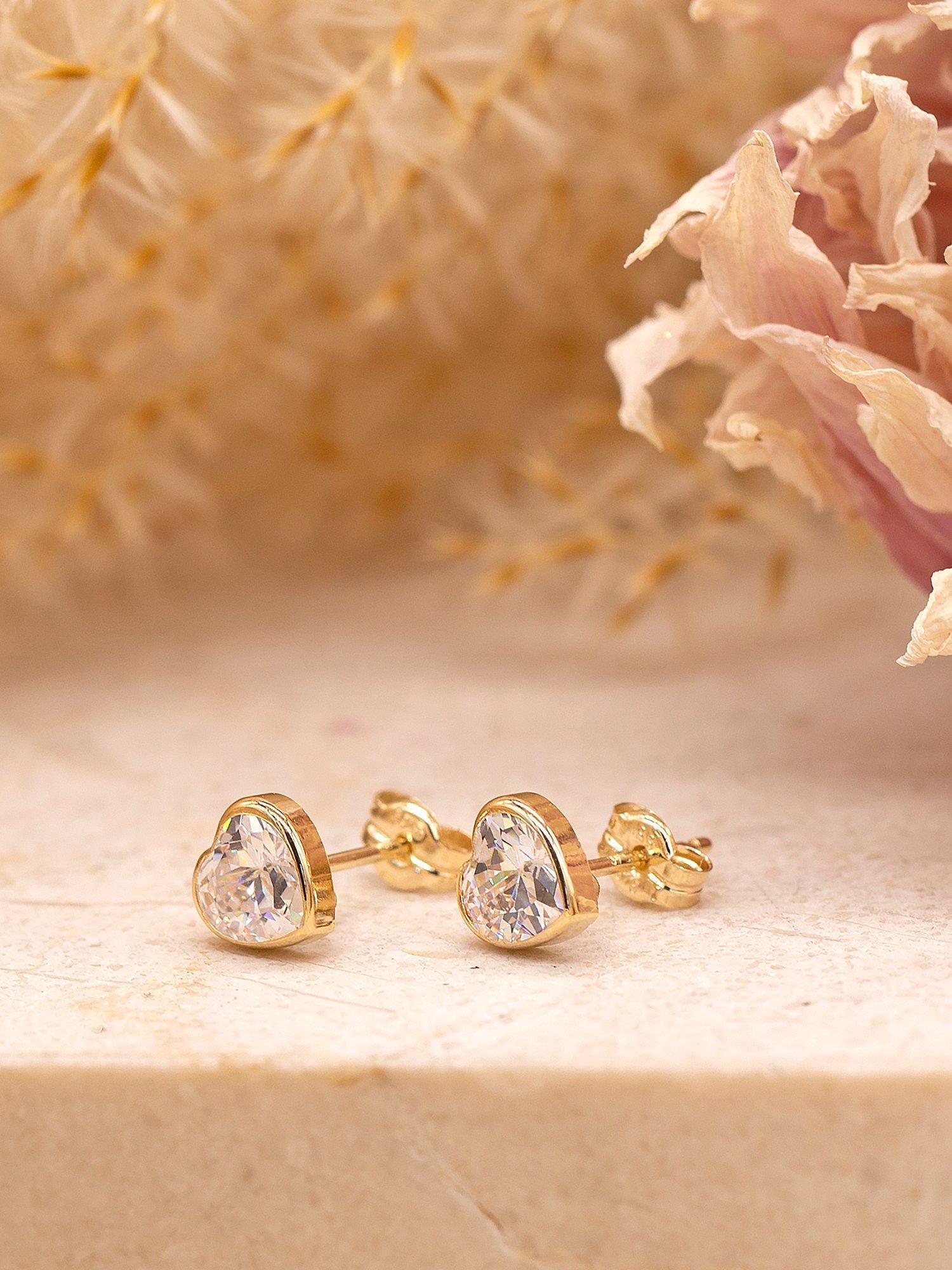 IBB 9ct gold cubic zirconia heart stud earrings (British brand)