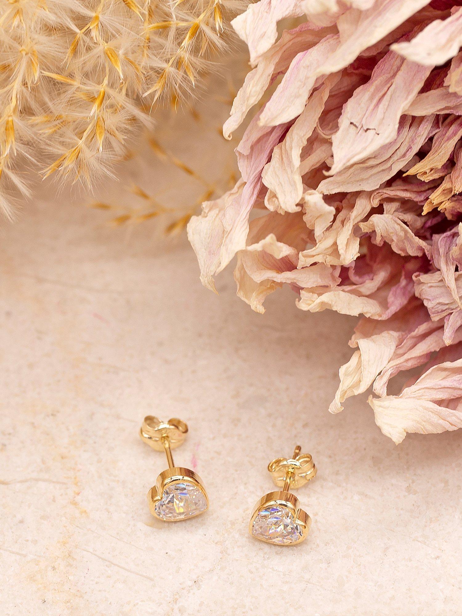 IBB 9ct gold cubic zirconia heart stud earrings (British brand)