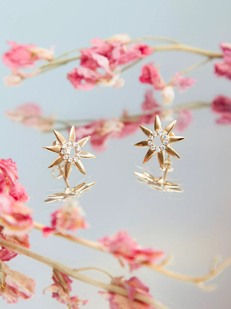 IBB 9ct gold cubic zirconia flower stud earrings, UK version