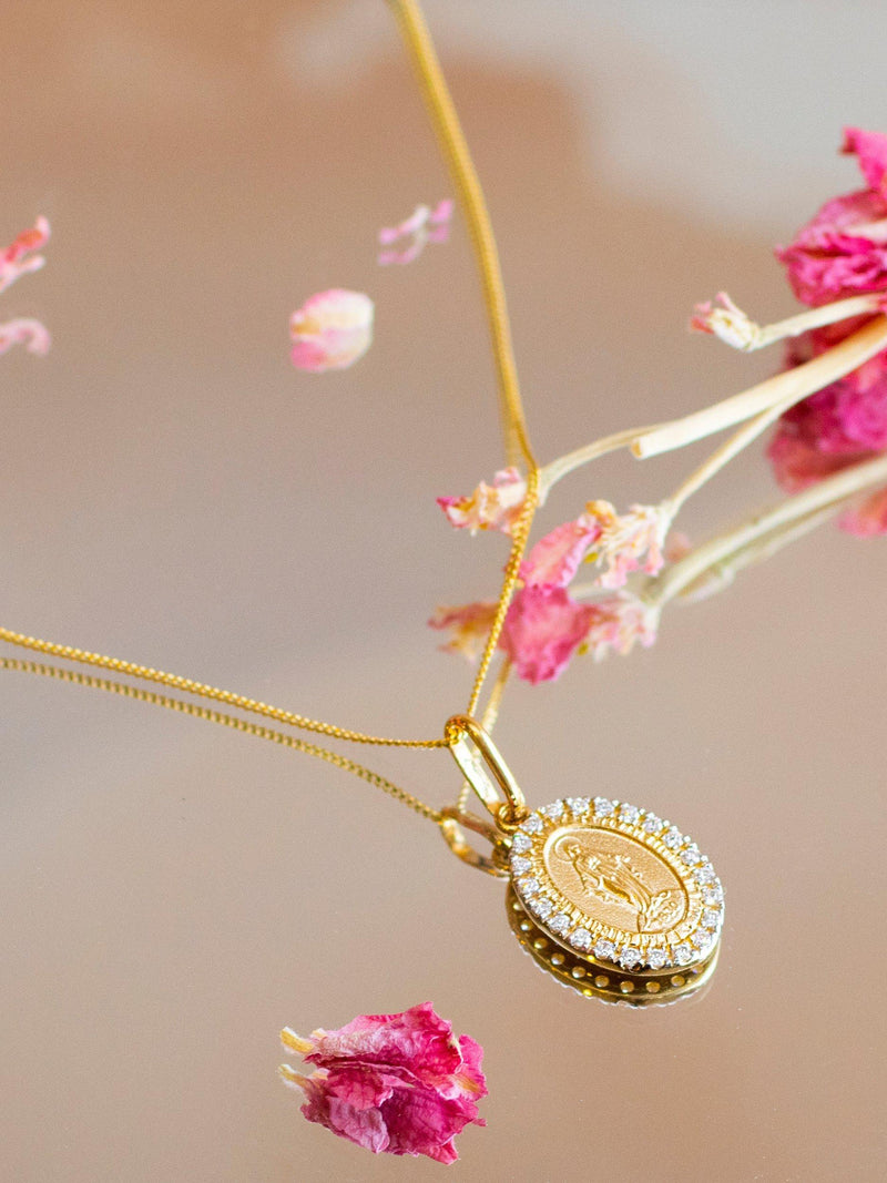 IBB Holy Mary pendant necklace 9ct gold cubic zirconia, UK version