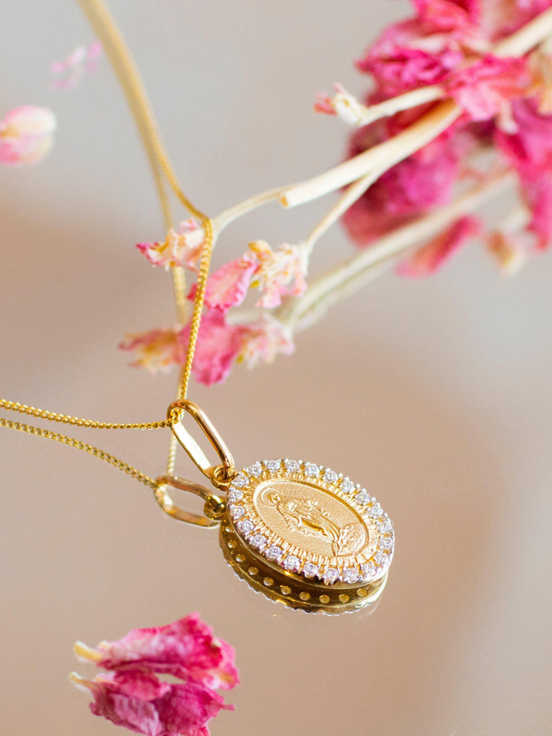 IBB Holy Mary pendant necklace 9ct gold cubic zirconia, UK version
