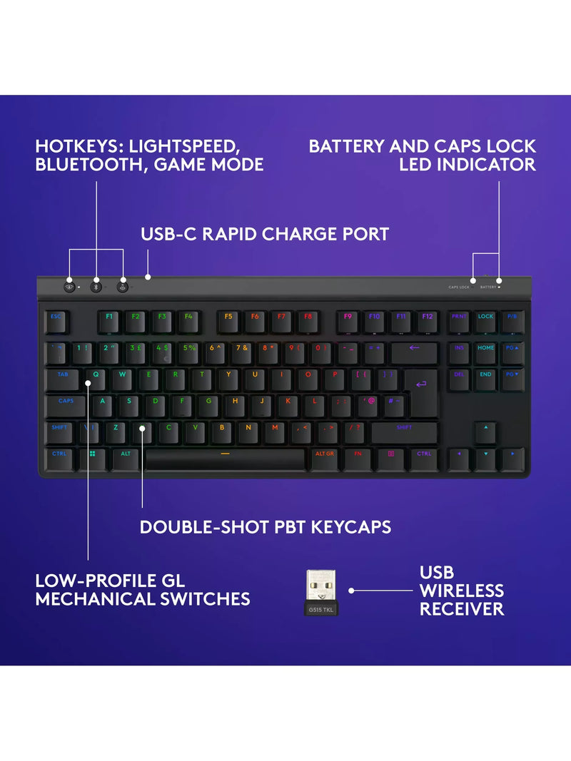 Logitech G515 Lightspeed TKL tenkeyless gaming keyboard in black, UK version