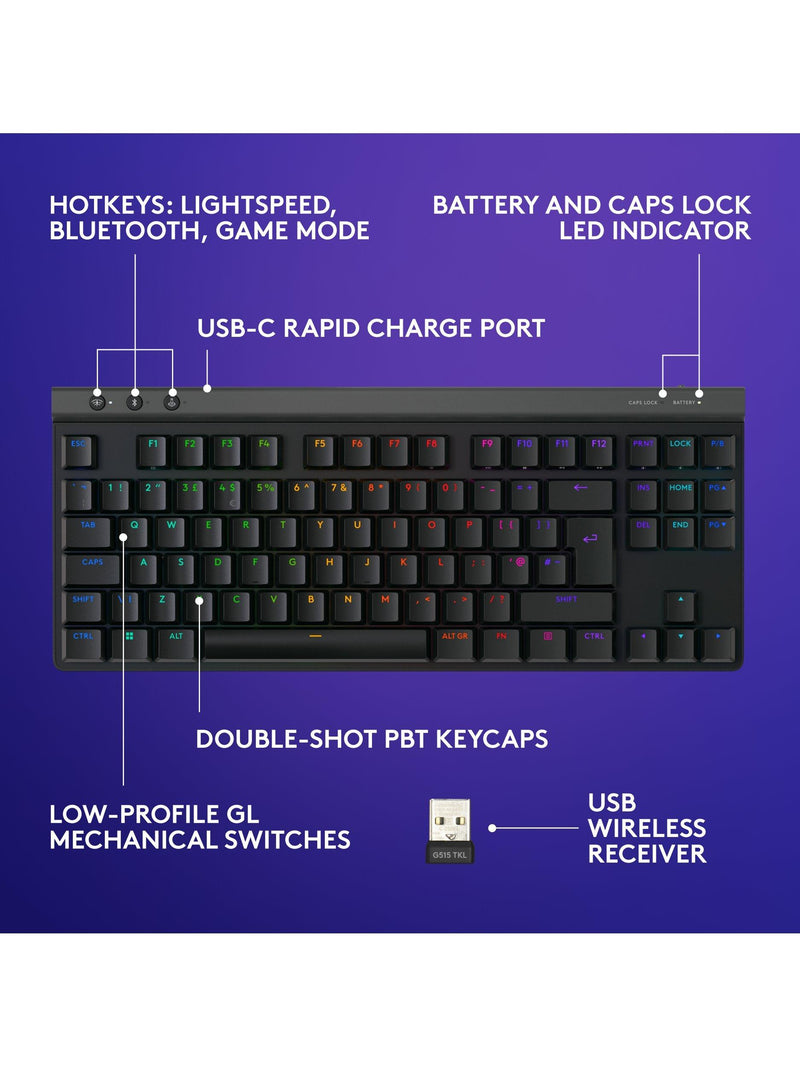 Logitech G515 Lightspeed TKL tenkeyless gaming keyboard in black, UK version