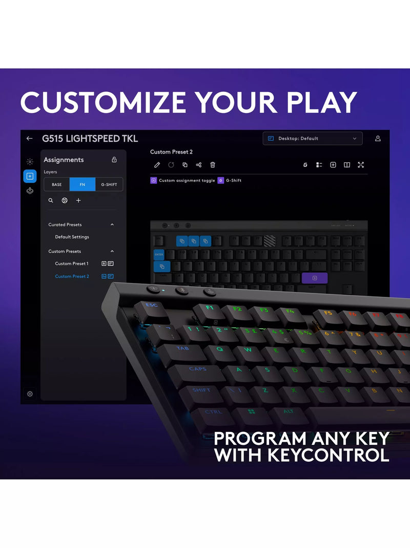 Logitech G515 Lightspeed TKL tenkeyless gaming keyboard in black, UK version