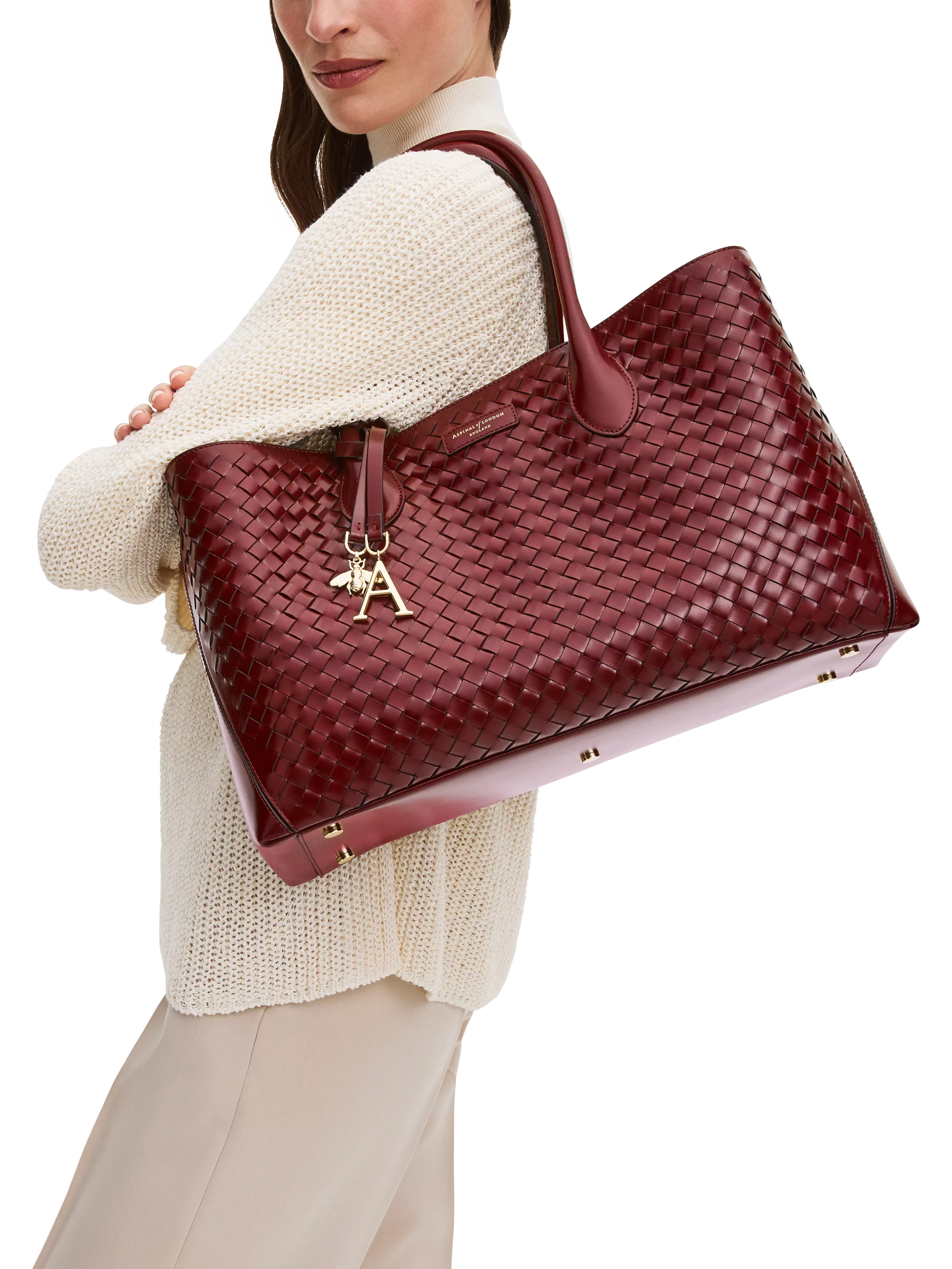 Aspinal of London woven leather tote bag burgundy, UK version