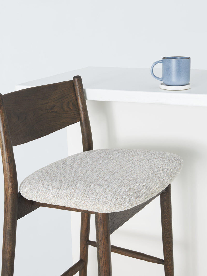 John Lewis Parity bar stool in solid oak with fabric seat, imported from the UK