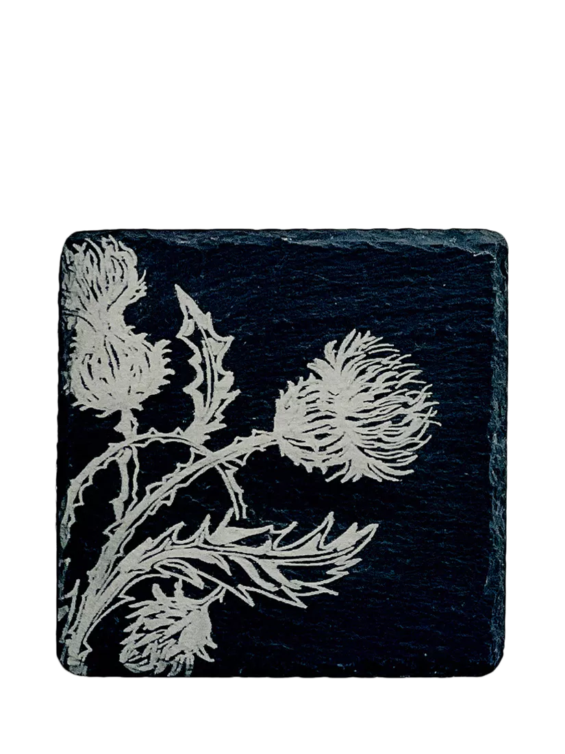 Selbrae House slate coaster with thistle trio design square - British product