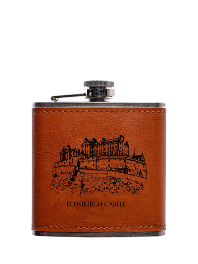 John Lewis Selbrae House Edinburgh Castle Leather Bound Stainless Steel Hip Flask 177ml- Buy online at McGrocer