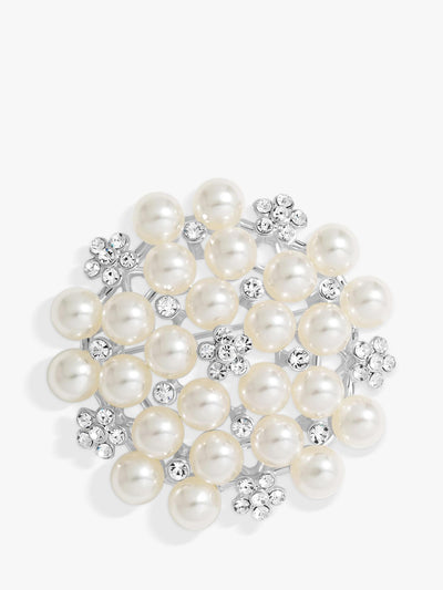 Pearl and Crystal Cluster Statement Brooch in Silver