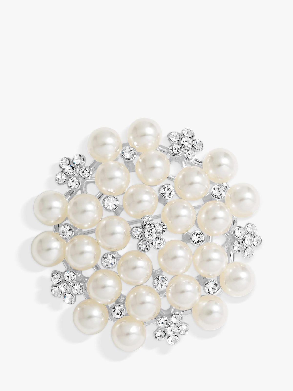 Pearl and Crystal Cluster Statement Brooch in Silver