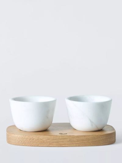 John Lewis John Lewis X Deliciously Ella Marble Salt & Pepper Pinch Pots with Oak Wood Tray- Buy online at McGrocer