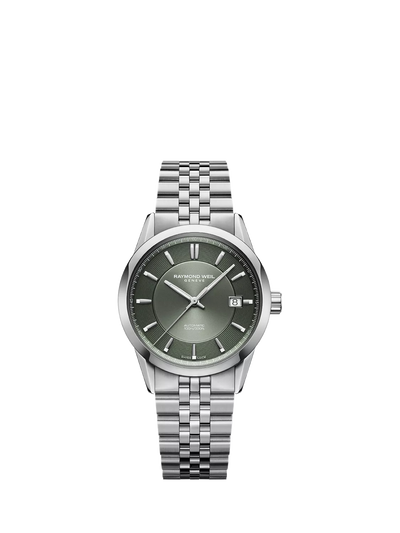 John Lewis Raymond Weil Men's Freelancer 38mm Automatic Date Watch with Stainless Steel Bracelet, Silver/Green- Buy online at McGrocer