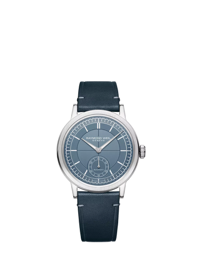 John Lewis Raymond Weil Millesime Silver/Blue Automatic Leather Strap Watch 39.5mm- Buy online at McGrocer