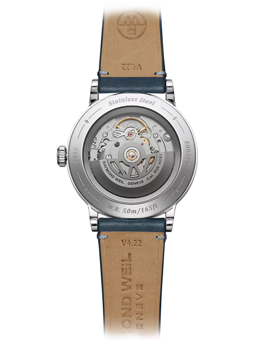Raymond Weil Millesime automatic watch silver dial blue leather strap - British product
