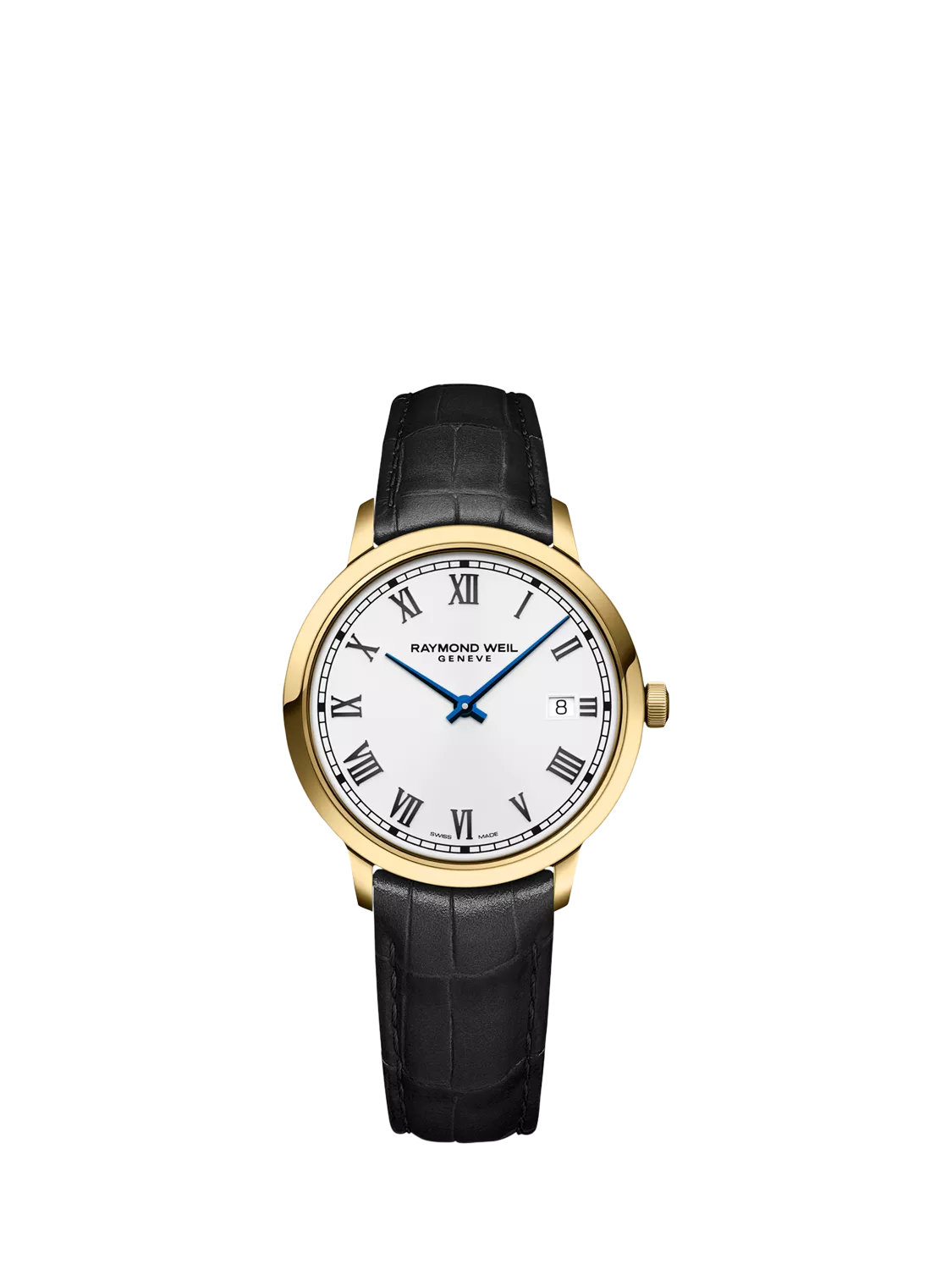Raymond Weil Toccata watch with black strap and white dial (British brand)