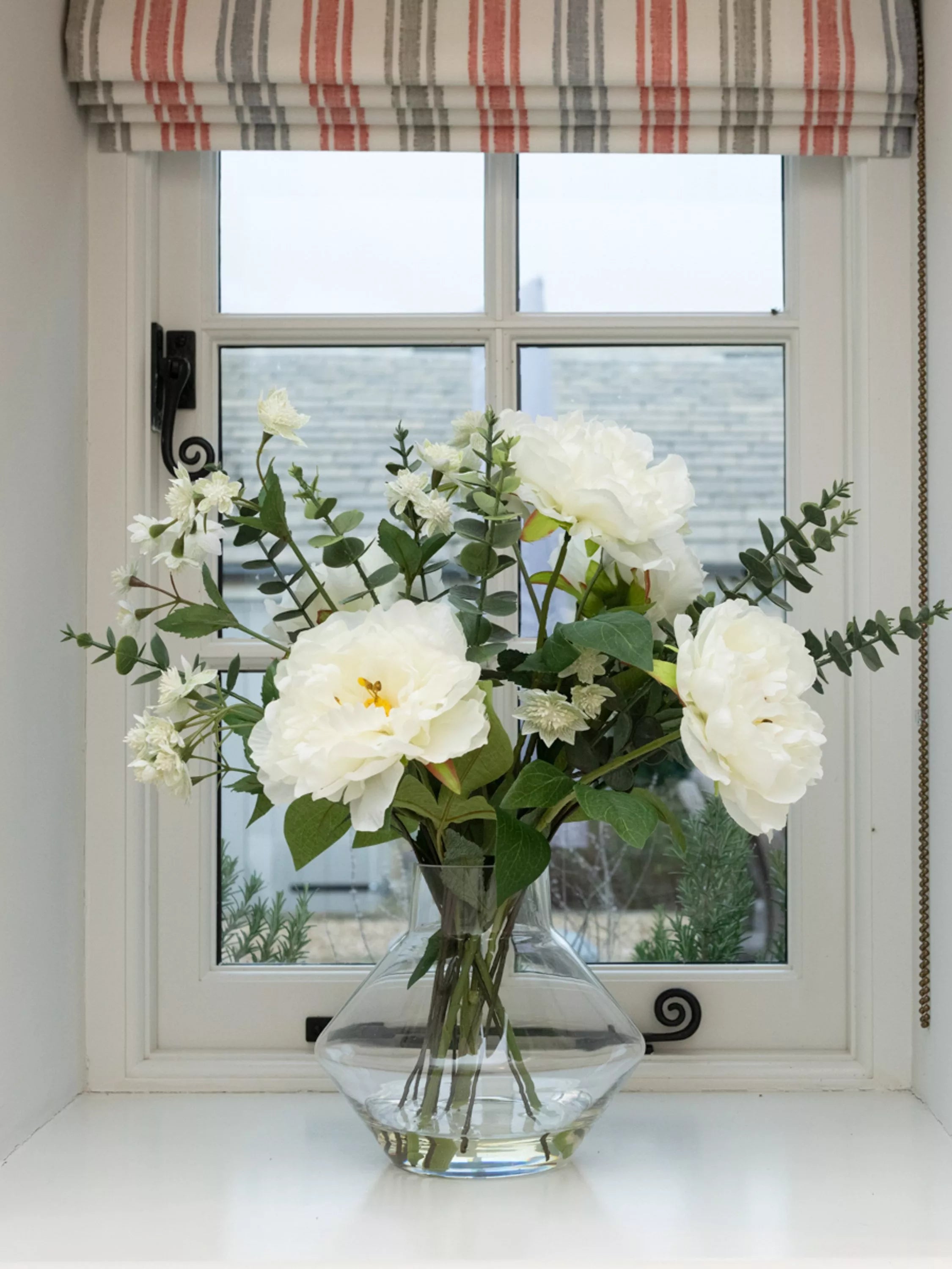 Floralsilk artificial peony and eucalyptus arrangement 46cm, imported from the UK