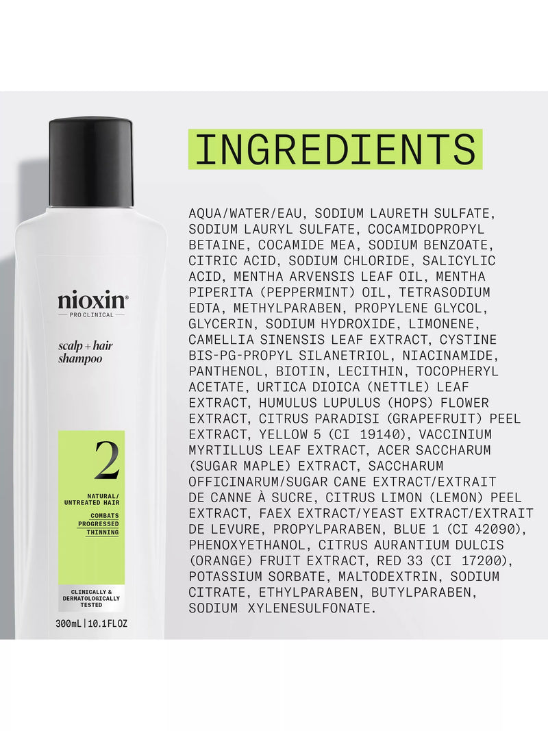 Nioxin Pro Clinical System 2 Scalp + Hair Thickening Shampoo for Natural Hair with Progressed Thinning, 300ml