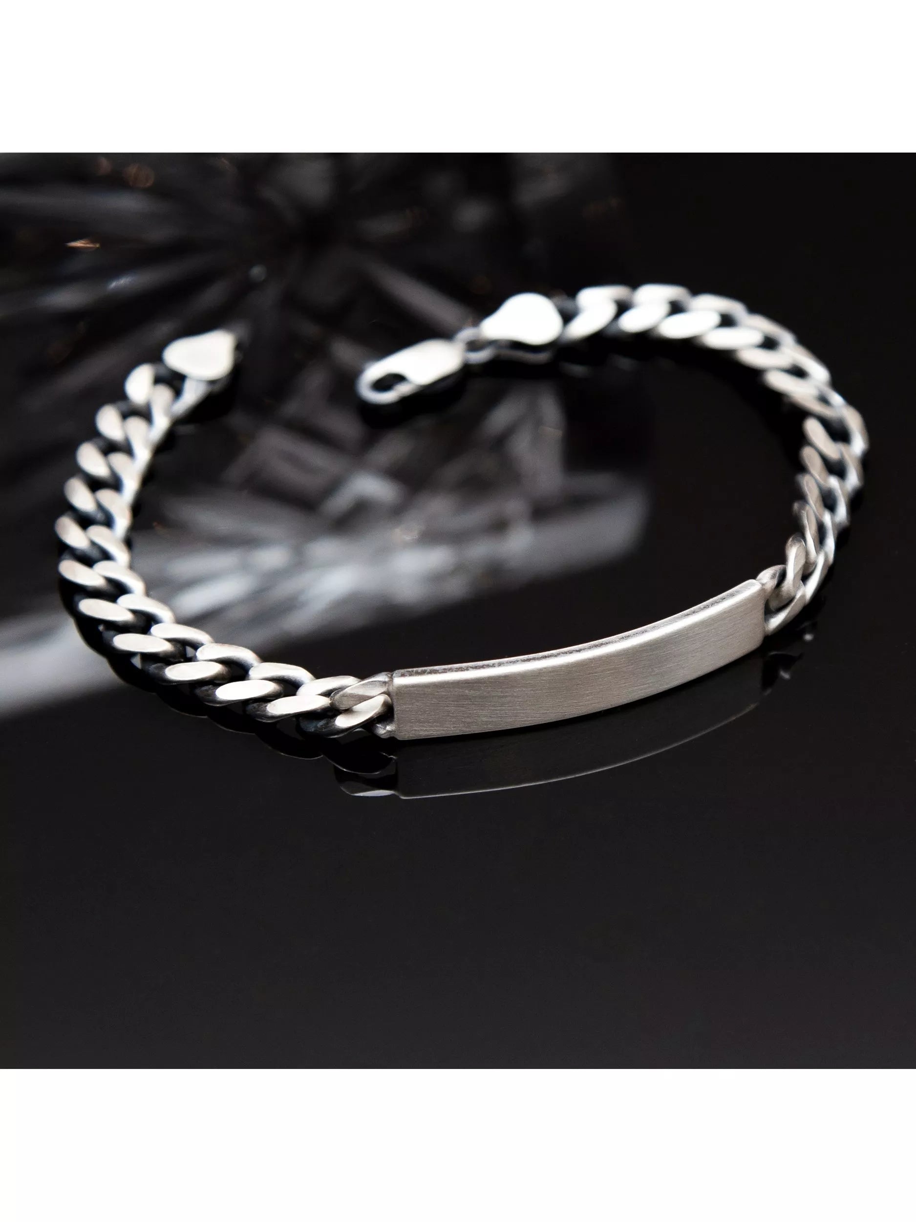 Hoxton London men's oxidised ID curb chain bracelet in sterling silver, imported from the UK