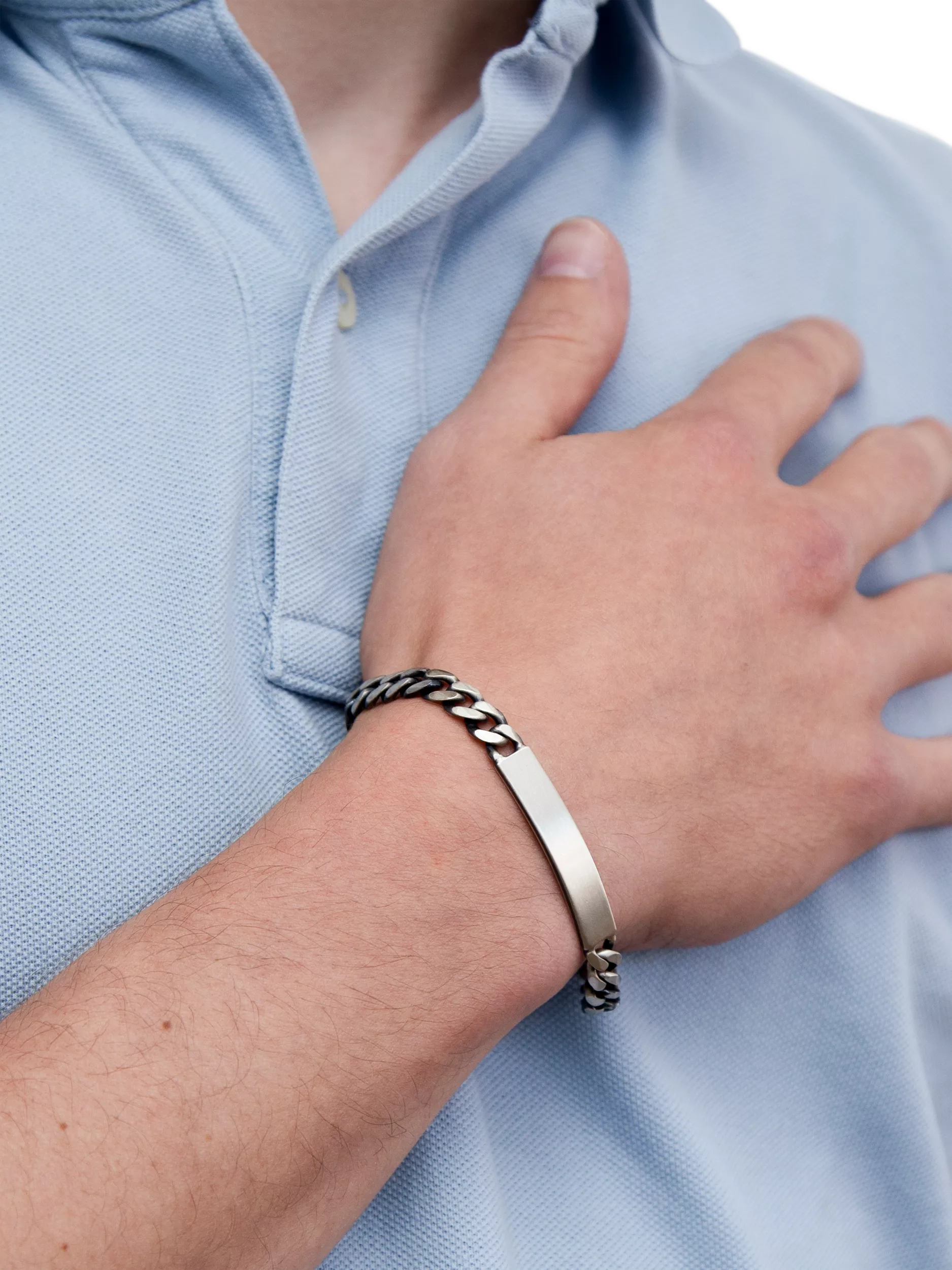 Hoxton London men's oxidised ID curb chain bracelet in sterling silver, imported from the UK