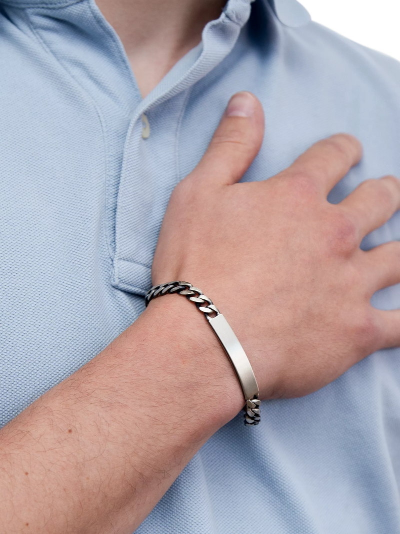 Hoxton London men's oxidised ID curb chain bracelet in sterling silver, imported from the UK