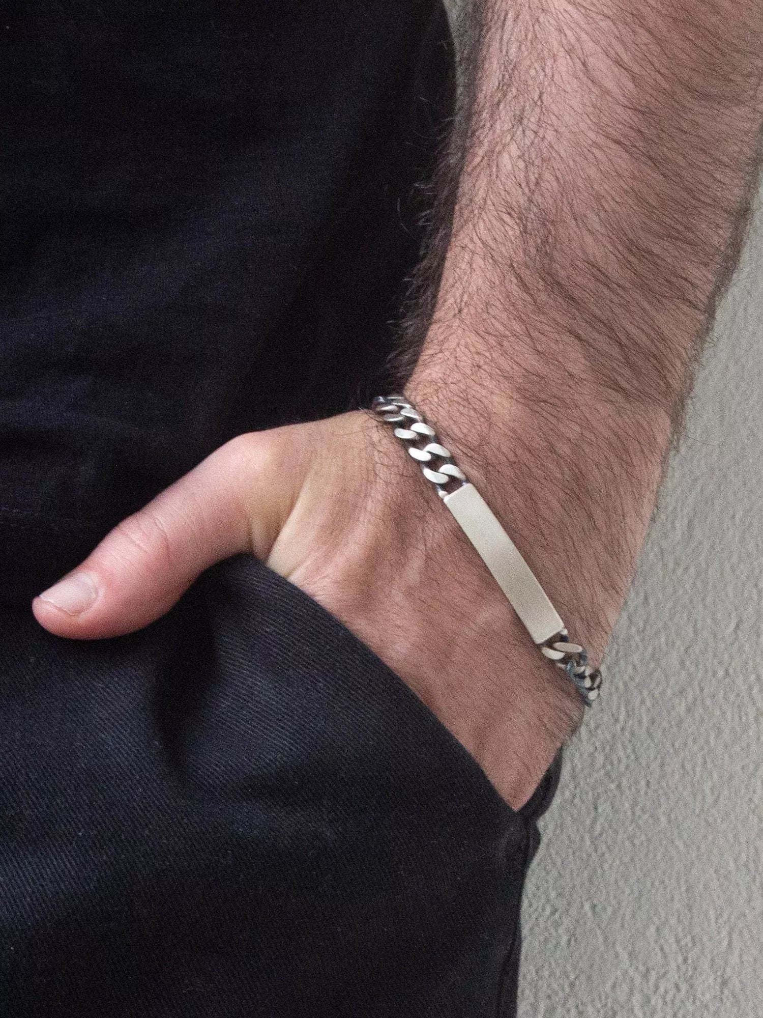 Hoxton London men's oxidised ID curb chain bracelet in sterling silver, imported from the UK